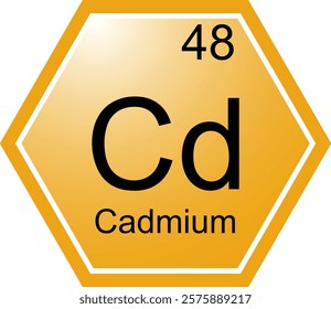 The symbol of the chemical element Cd is Cadmium. A chemical element of the periodic table. Cd is a transition metal. Science, chemistry. Vector hexagonal image.