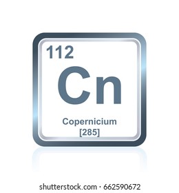 Symbol of chemical element copernicium as seen on the Periodic Table of the Elements, including atomic number and atomic weight.