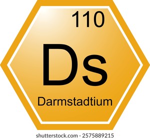 The symbol of the chemical element Ds Darmstadtium. A chemical element of the periodic table. Ds is a transition metal. Science, chemistry. Vector hexagonal image.