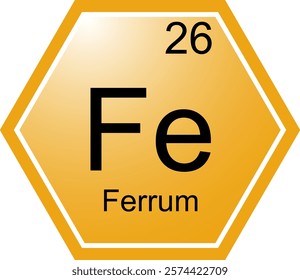 The symbol of the chemical element Fe is Iron. A chemical element of the periodic table. Fe is a transition metal. Science, chemistry. Vector hexagonal image.