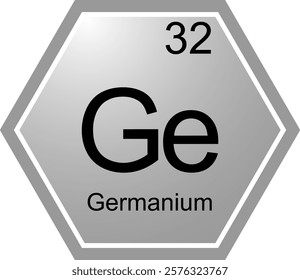 The symbol of the chemical element Ge is Germanium. A chemical element of the periodic table. Ge is a metalloid, semi-metal. Science, chemistry. Vector hexagonal image.