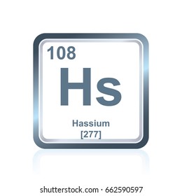 Symbol of chemical element hassium as seen on the Periodic Table of the Elements, including atomic number and atomic weight.