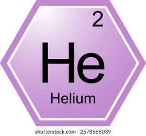 The symbol of the chemical element He is Helium. A chemical element of the periodic table. He is a noble gas. Science, chemistry. Vector hexagonal image.