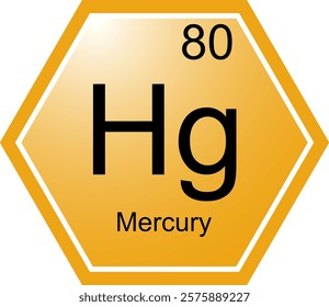 The symbol of the chemical element Hg is Mercury. A chemical element of the periodic table. Hg is a transition metal. Science, chemistry. Vector hexagonal image.