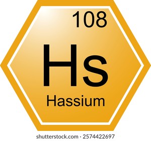 The symbol of the chemical element Hs Hassium. A chemical element of the periodic table. Hs is a transition metal. Science, chemistry. Vector hexagonal image.