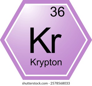 The symbol of the chemical element Kr is Krypton. A chemical element of the periodic table. Kr is a noble gas. Science, chemistry. Vector hexagonal image.