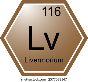 The symbol of the chemical element Lv is Livermorium. A chemical element of the periodic table. Lv is a metal with transitional properties. Science, chemistry. Vector hexagonal image.