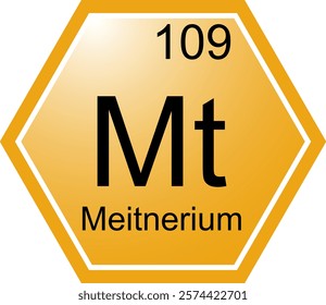 The symbol of the chemical element Mt Meitnerium. A chemical element of the periodic table. Mt is a transition metal. Science, chemistry. Vector hexagonal image.