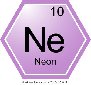 The symbol of the chemical element Ne is Neon. A chemical element of the periodic table. Ne is a noble gas. Science, chemistry. Vector hexagonal image.