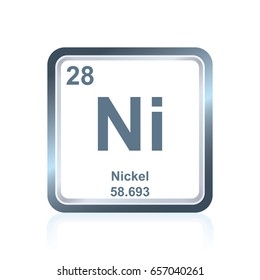Symbol of chemical element nickel as seen on the Periodic Table of the Elements, including atomic number and atomic weight.