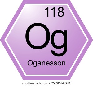 The symbol of the chemical element Og is Oganesson. A chemical element of the periodic table. Og is a noble gas. Science, chemistry. Vector hexagonal image.