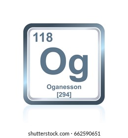 Symbol of chemical element oganesson as seen on the Periodic Table of the Elements, including atomic number and atomic weight.