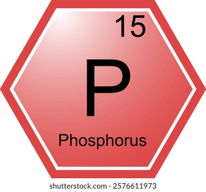 The symbol of the chemical element P is Phosphorus. A chemical element of the periodic table. P is not a chemically active metal. Science, chemistry. Vector hexagonal image.