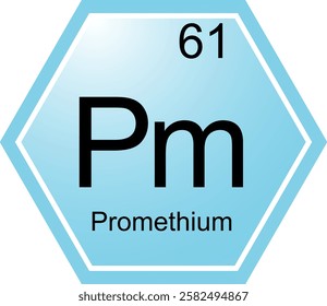 The symbol of the chemical element Pm is Promethium. A chemical element of the periodic table. Pm is a lanthanide. Science, chemistry. Vector hexagonal image.