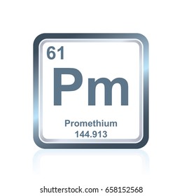 Symbol of chemical element promethium as seen on the Periodic Table of the Elements, including atomic number and atomic weight.