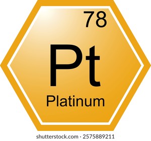 The symbol of the chemical element is Pt Platinum. A chemical element of the periodic table. Pt is a transition metal. Science, chemistry. Vector hexagonal image.