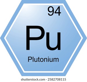 The symbol of the chemical element Pu is Plutonium. A chemical element of the periodic table. Pu is an actinoid. Science, chemistry. Vector hexagonal image.