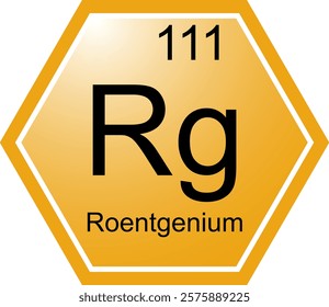 The symbol of the chemical element Rg is Roentgenium. A chemical element of the periodic table. Rg is a transition metal. Science, chemistry. Vector hexagonal image.