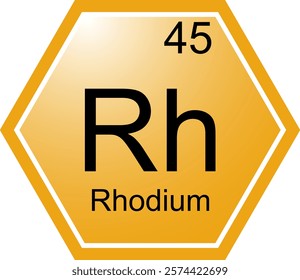 The symbol of the chemical element Rh is Rhodium. A chemical element of the periodic table. Rh is a transition metal. Science, chemistry. Vector hexagonal image.