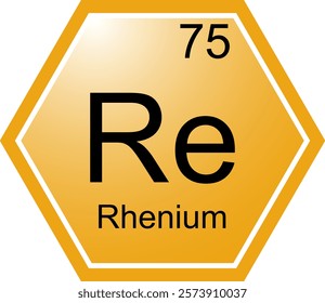 The symbol of the chemical element is Rhenium. A chemical element of the periodic table. Re is a transition metal. Science, chemistry. Vector hexagonal image.