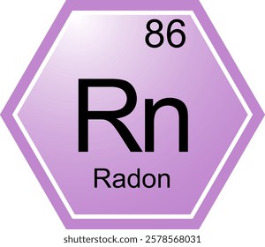 The symbol of the chemical element Rn is Radon. A chemical element of the periodic table. Rn is a noble gas. Science, chemistry. Vector hexagonal image.