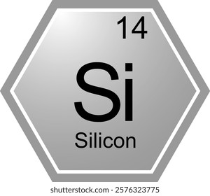 The symbol of the chemical element Si is Silicon. A chemical element of the periodic table. Si is a metalloid, semi metal. Science, chemistry. Vector hexagonal image.