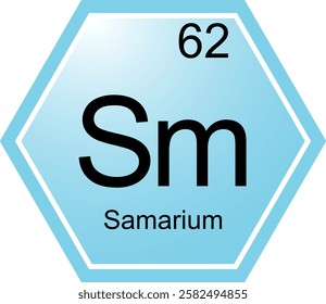 The symbol of the chemical element Sm is Samarium. A chemical element of the periodic table. Sm is a lanthanide. Science, chemistry. Vector hexagonal image.