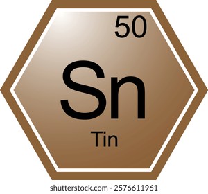 The symbol of the chemical element Sn is Tin. A chemical element of the periodic table. Sn is a metal with transitional properties. Science, chemistry. Vector hexagonal image.