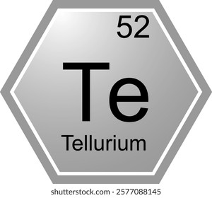 The symbol of the chemical element Te is Tellurium. A chemical element of the periodic table. Te is a metalloid, a semi metal. Science, chemistry. Vector hexagonal image.