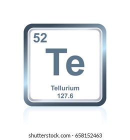 Symbol of chemical element tellurium as seen on the Periodic Table of the Elements, including atomic number and atomic weight.