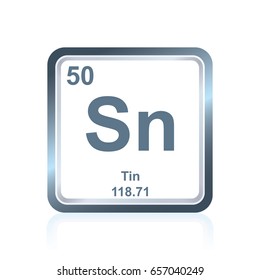 Symbol of chemical element tin as seen on the Periodic Table of the Elements, including atomic number and atomic weight.