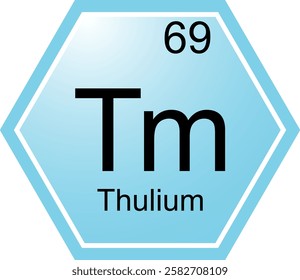 The symbol of the chemical element Tm is Thulium. A chemical element of the periodic table. Tm is a lanthanide. Science, chemistry. Vector hexagonal image.