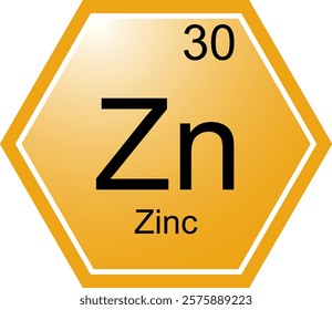 The symbol of the chemical element Zn is Zinc. A chemical element of the periodic table. Zn is a transition metal. Science, chemistry. Vector hexagonal image.