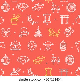 Symbol of China Pattern Background on a Red National Chinese Asian Tourism. Vector illustration