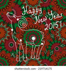 Symbol of the Chinese 2015 year, greeting card with mountain sheep. Vector abstract floral ornament background. Happy New Year 2015