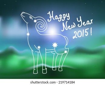 Symbol of the Chinese 2015 year, greeting card with mountain sheep. Vector blurred landscape. Happy New Year 2015