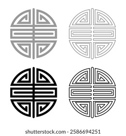 Symbol chinese character shou folk religion Asian happiness longevity set icon grey black color vector illustration image solid fill outline contour line thin flat style