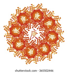 Symbol from chinese hieroglyphs. Translation of 10 zodiac stems, feng shui signs hieroglyph: 'Iron, "Geng"'. Red gradient