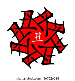 Symbol from chinese hieroglyphs. Translation of 12 zodiac animals branch, feng shui signs hieroglyph: 'Ox'. Five elements. Yin earth element
