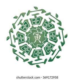 Symbol from chinese hieroglyphs. Translation of 12 zodiac animals branch, feng shui signs hieroglyph: 'Tiger'. Five elements. Yang tree element