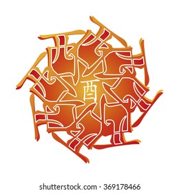 Symbol from chinese hieroglyphs. Translation of 12 zodiac animals branch, feng shui signs hieroglyph: 'Rooster'. Five elements. Yin metall element. Red gradient