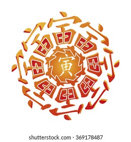 Symbol from chinese hieroglyphs. Translation of 12 zodiac animals branch, feng shui signs hieroglyph: 'Tiger'. Five elements. Yang tree element. Red gradient
