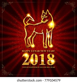 Symbol of chinese new 2018 year. Greeting card with golden yellow dog design with inscription. Vector llustration poster.