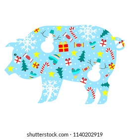 Symbol of chinese new year 2019. Blue silhouette of pig with pattern of christmas elements on it.