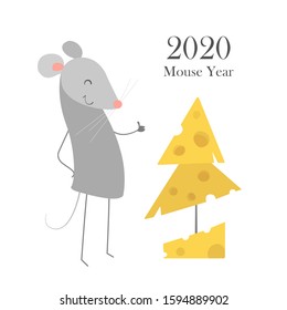 Symbol of chinese new year 2020. Lunar horoscope sign. Funny happy smiling mouse with Christmas tree made of cheese. Vector illustration isolated on white. Banner, poster concept. Calendar template