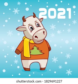 The symbol of Chinese New Year 2021. Funny bull cartoon character in sweater. Usable for Christmas. Vector illustration
