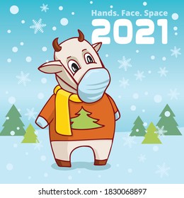 The symbol of Chinese New Year 2021. Funny bull cartoon character in antivirus COVID-19 mask. Usable for Christmas. Vector illustration.