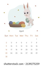 The symbol of Chinese New Year 2023 poster. Wall calendar design template for April. Spring plot with Easter rabbit. Calendar with zodiac signs. The week starts on Sunday