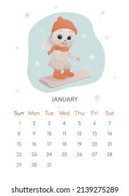 The symbol of Chinese New Year 2023 poster. Wall calendar design template for January. Winter plot with rabbit snowboarder. Calendar with zodiac signs. The week starts on Sunday