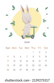 The symbol of Chinese New Year 2023 poster. Wall calendar design template for June. Summer plot with child rabbit on scooter. Calendar with zodiac signs. The week starts on Sunday